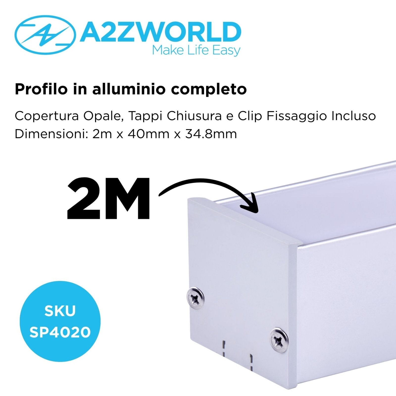 Kit Profilo Alluminio Completo Da 2 Metri Per Striscia Led, Super Larga e Alta, Dimensione 40*34.8mm, Larghezza Interna 34mm, 412g/m, Copertura Opale, Tappi Chiusura e Clip Fissaggio Incluso