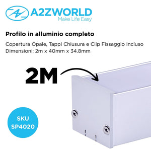 Kit Profilo Alluminio Completo Da 2 Metri Per Striscia Led, Super Larga e Alta, Dimensione 40*34.8mm, Larghezza Interna 34mm, 412g/m, Copertura Opale, Tappi Chiusura e Clip Fissaggio Incluso