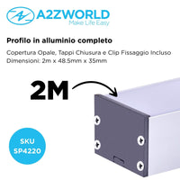 Kit Profilo Alluminio Completo Da 2 Metri Per Striscia Led, Super Larga e Alta, Dimensione 48.5*35mm, Larghezza Interna 44mm, 479g/m, Copertura Opale, Tappi Chiusura e Clip Fissaggio Incluso