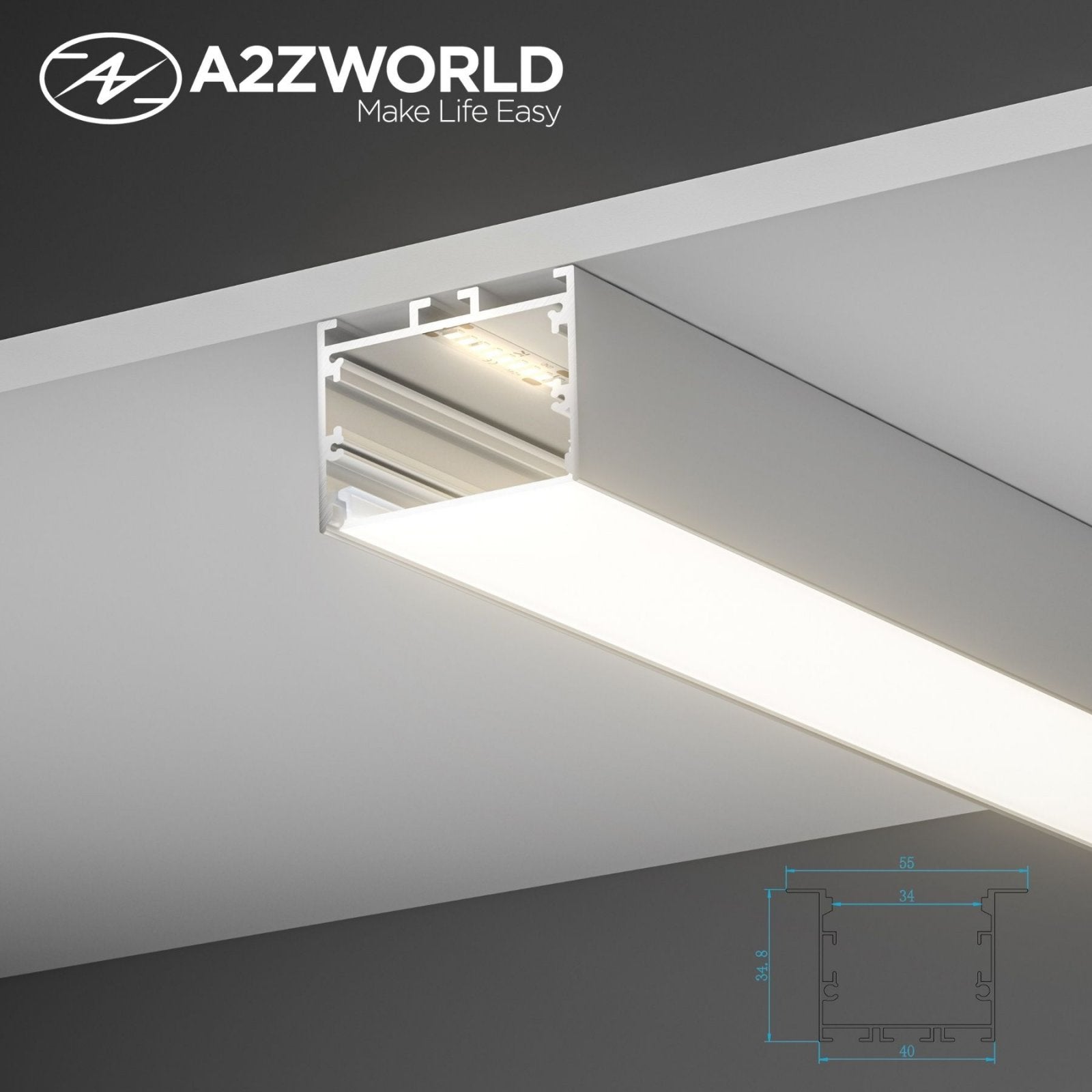 Kit Profilo Alluminio Completo Da 2 Metri Per Striscia Led, Super Larga e Alta, Dimensione 48.5*35mm, Larghezza Interna 44mm, 479g/m, Copertura Opale, Tappi Chiusura e Clip Fissaggio Incluso