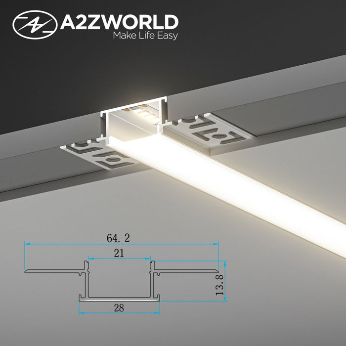 Kit Profilo LED Incasso Cartongesso 2M, Larga da Incasso con Alette a Scomparsa, 64,2x13,8mm, Interno 20mm, Copertura Opaca, Tappi Chiusura e Clip Fissaggio Inclusi BAV3359