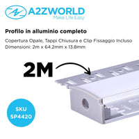 Kit Profilo LED Incasso Cartongesso 2M, Larga da Incasso con Alette a Scomparsa, 64,2x13,8mm, Interno 20mm, Copertura Opaca, Tappi Chiusura e Clip Fissaggio Inclusi BAV3359