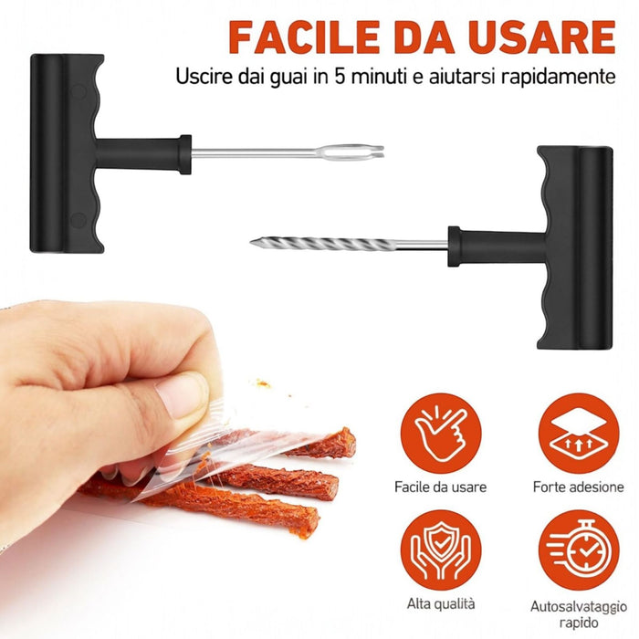 Kit Ripara Gomme Pneumatici Tubeless Riparazione Foratura Auto Moto Scooter 003026