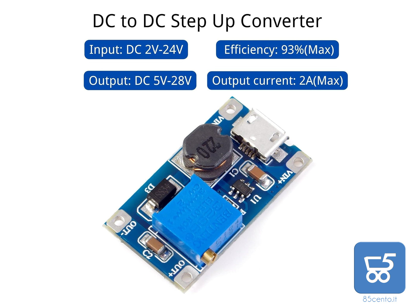Kit da 5 DC-DC Step Up Boost Converter 2V-24V fino a 5V-26V 2A Micro USB Voltage Regulator Compatibile con Arduino