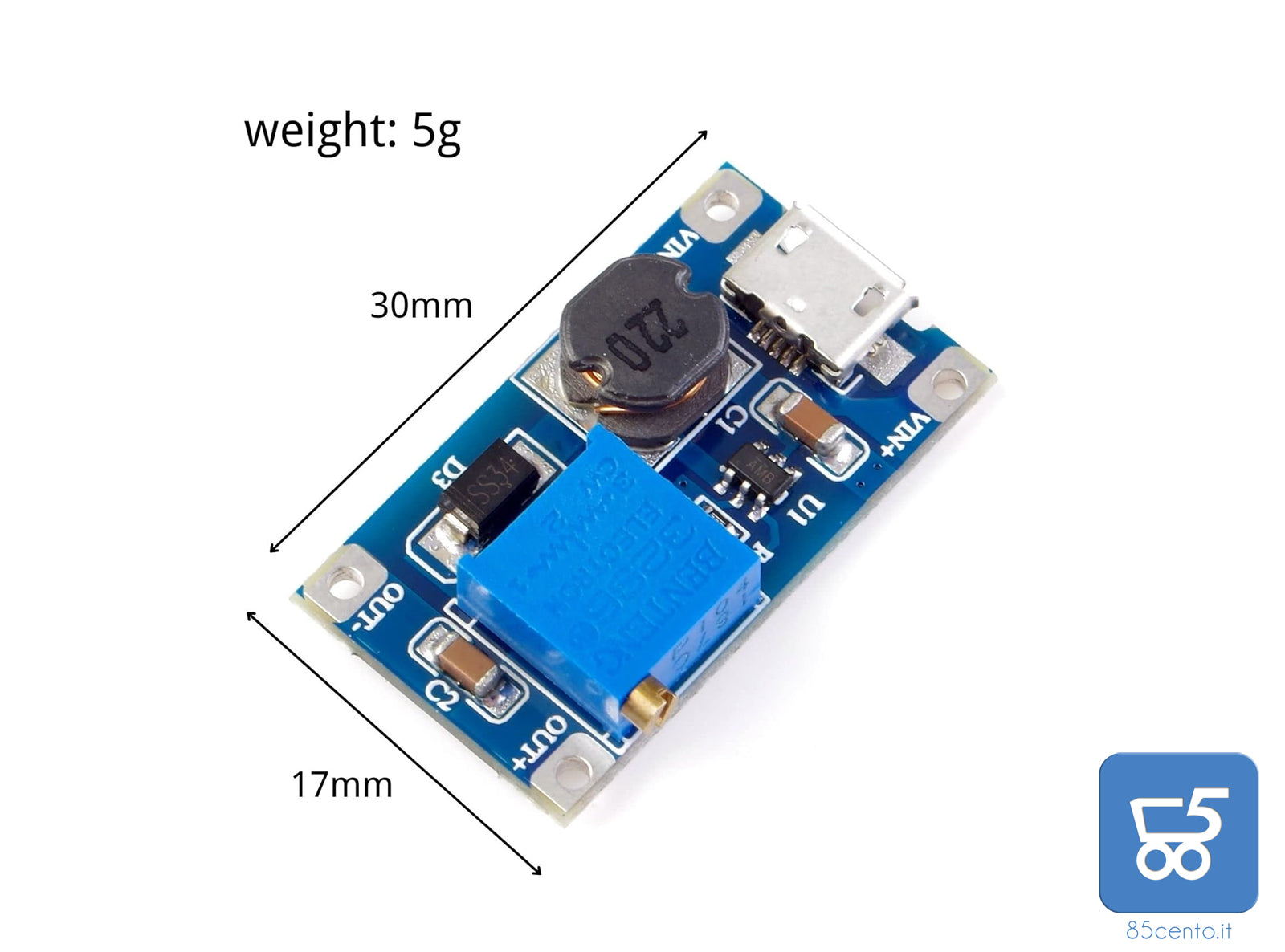 Kit da 5 DC-DC Step Up Boost Converter 2V-24V fino a 5V-26V 2A Micro USB Voltage Regulator Compatibile con Arduino