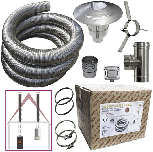 Kit tubo acciaio inox 316 flessibile 10 mt diametro 80 mm interno liscio a norma CE EN 1856 2 canna fumaria