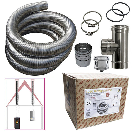 Kit tubo acciaio inox 316 flessibile 3 mt diametro 80 mm interno liscio a norma CE EN 1856 2 canna fumaria