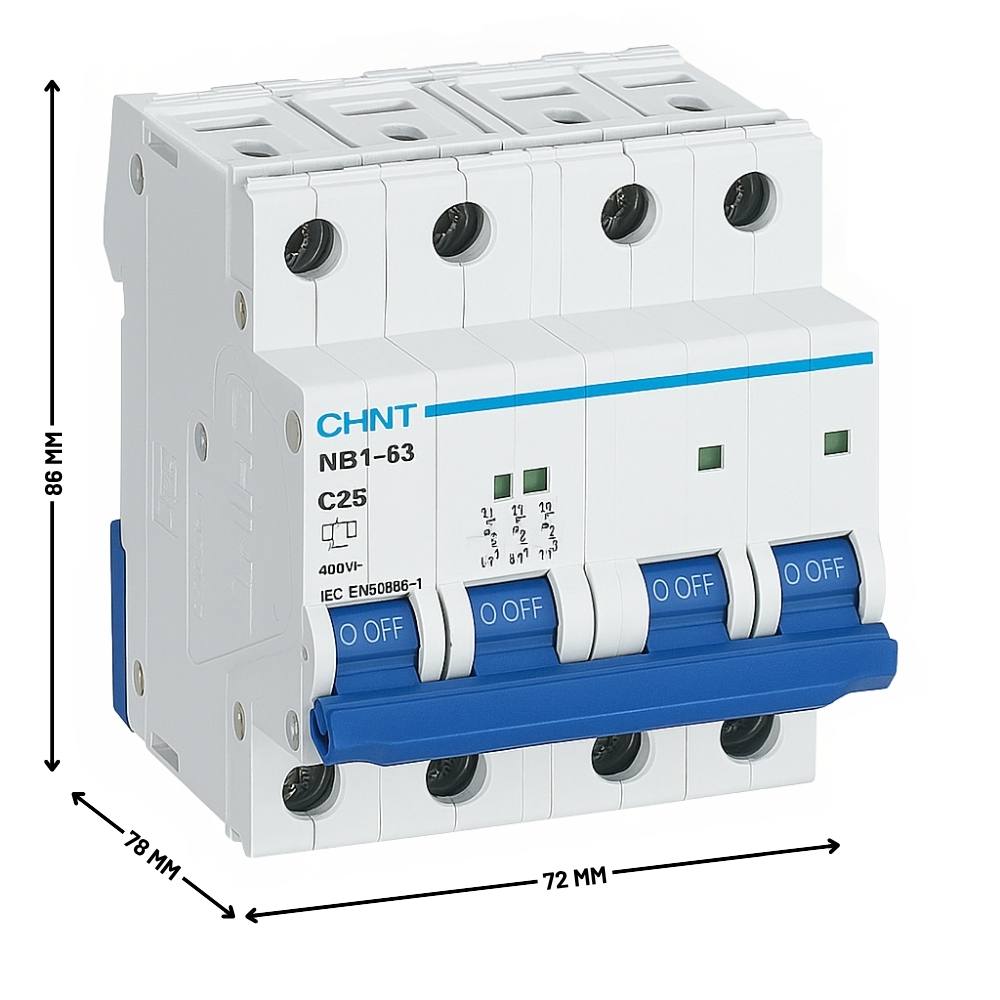 Interruttore magnetotermico 4p 6ka curva c chint serie nb1-63 da quadro din *** ampere 25 ampere, confezione 1