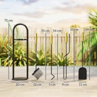 Set Utensili per Camino di 5 Pezzi in Metallo con Scopa Paletta Pinze Attizzatoio e Supporto 20x20x71 cm Dorato