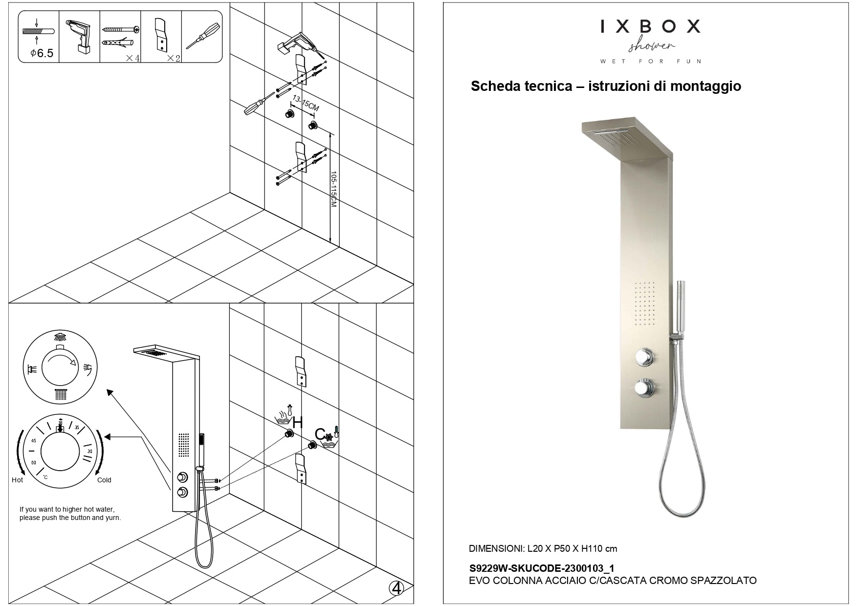 Colonna doccia attrezzata fresh in acciaio inox con cascata bagno h115xl20xp50 *** finitura- spazzolato, confezione 1