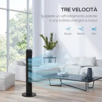 Ventilatore a Torre 45W a 4 Modalità e 3 Velocità con Timer da 12h, in ABS, Ø31.5x96 cm, Nero
