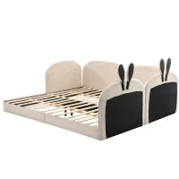 Divano letto per bambini a coniglio, 2 Letti Singoli, Struttura Imbottita, senza Materasso, 90x200 cm & 180x200 cm, Beige