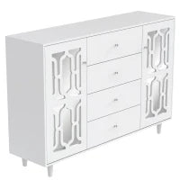 Credenza Specchiata con Maniglie a Cristallo,2 ante con ripiani mobili interni e 4 cassetti centrali,Bianco