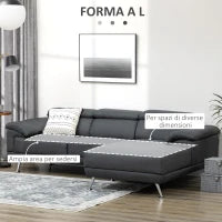 Divano Angolare 3 Posti in Tessuto con Poggiatesta Regolabili, 249.5x162.5x95cm, Grigio Scuro