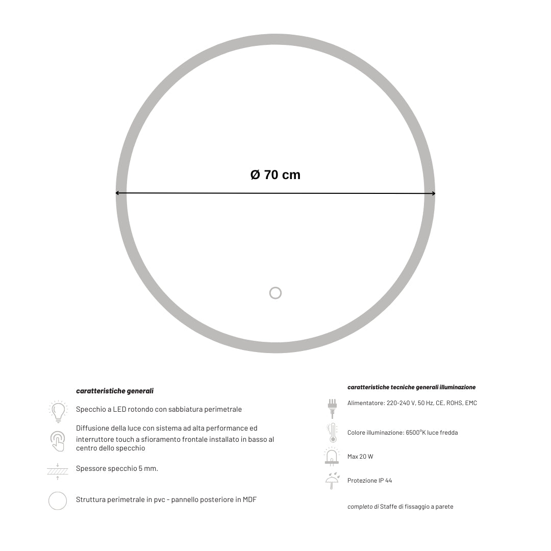Specchio 5 mm tondo led interruttore touch struttura pvc pannello mdf *** misura Ã˜70, tonalità dimmerabile 2700-450...