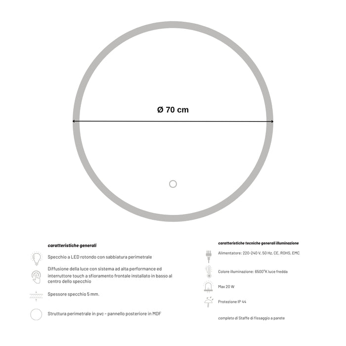 Specchio 5 mm tondo led interruttore touch struttura pvc pannello mdf *** misura Ã˜70, tonalità dimmerabile 2700-450...