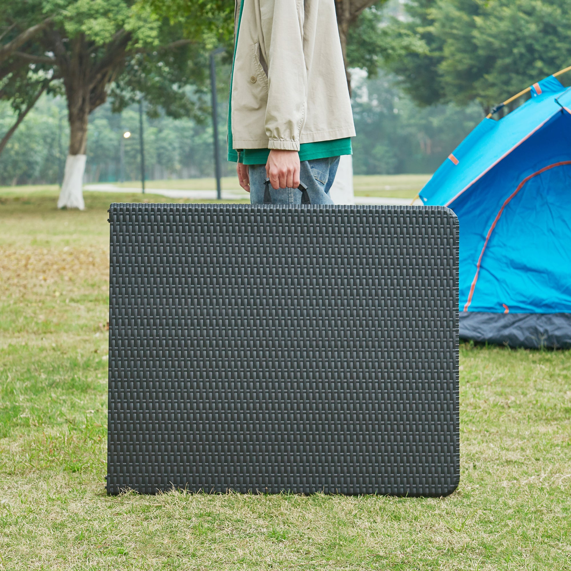 Tavolo da Picnic Mark Pieghevole 180 x 75 x 72 cm Nero Effetto Rattan [en.casa]