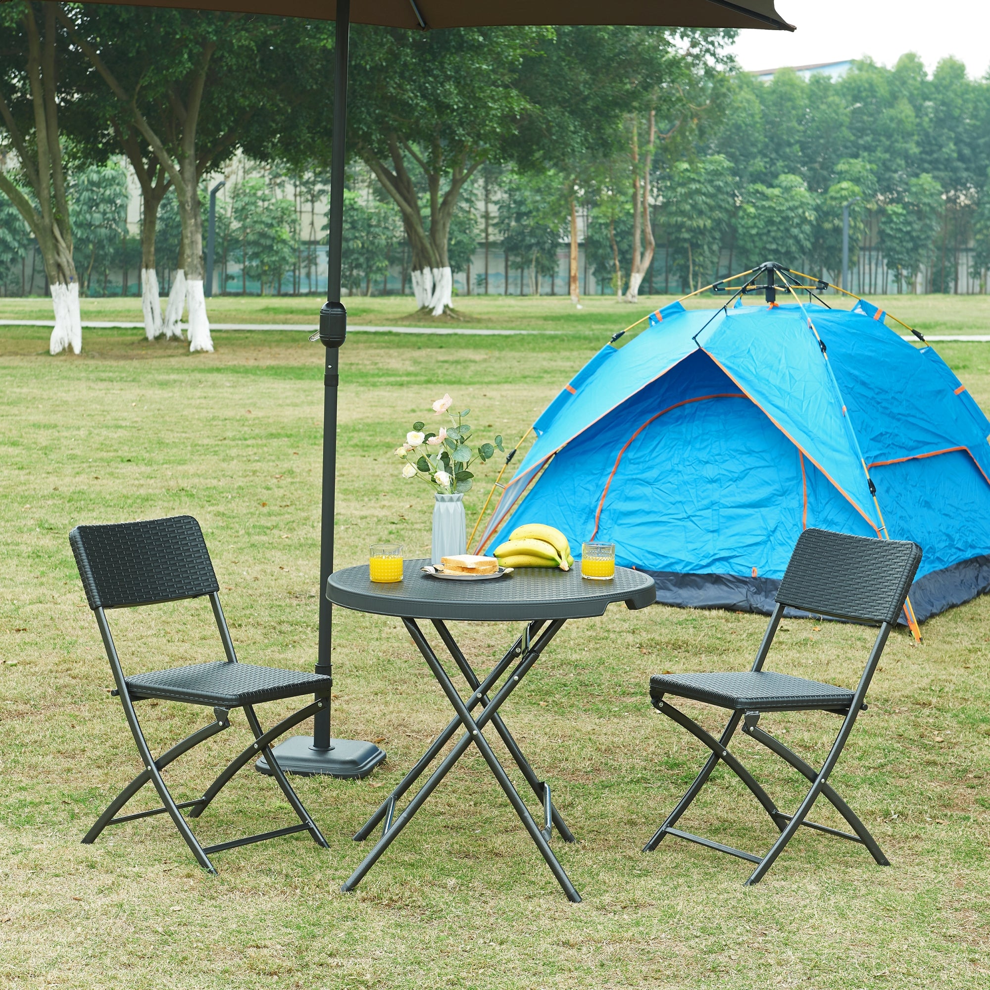 Tavolo da Picnic Mark Pieghevole Ø80 x 74 cm Nero Effetto Rattan [en.casa]