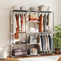 Armadio per Abiti Aperto con 8 Ripiani in Tessuto, Barre Appendiabiti e Struttura in Metallo, 182x43x185 cm, Grigio Chiaro