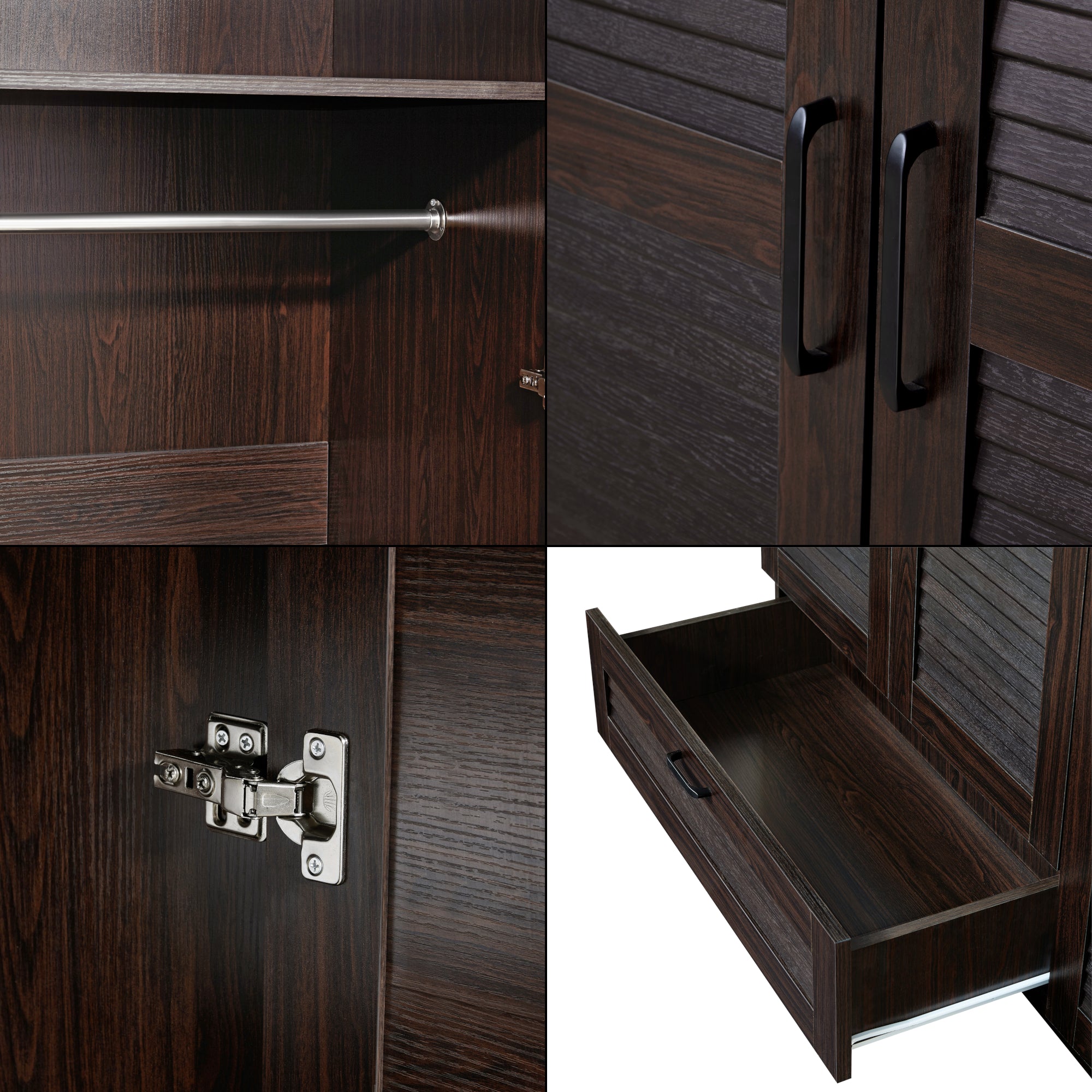 Armadio Guardaroba Finning con Ante a Persiana e Cassetto 176 x 120 x 52 cm Effetto Noce Scuro [en.casa]