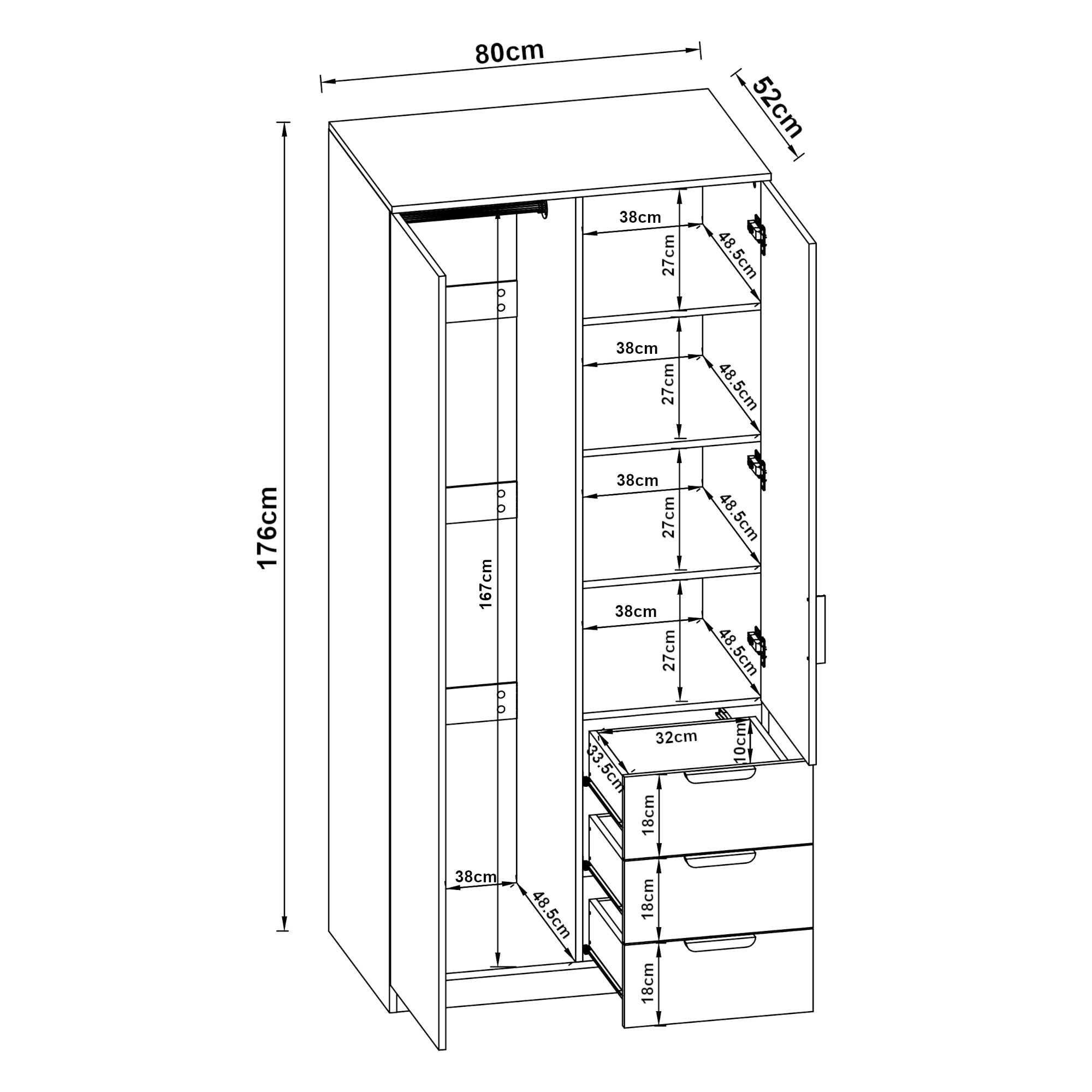 Armadio Guardaroba Eiselfing con Scomparti e Cassetti 176 x 80 x 52 cm Bianco [en.casa]