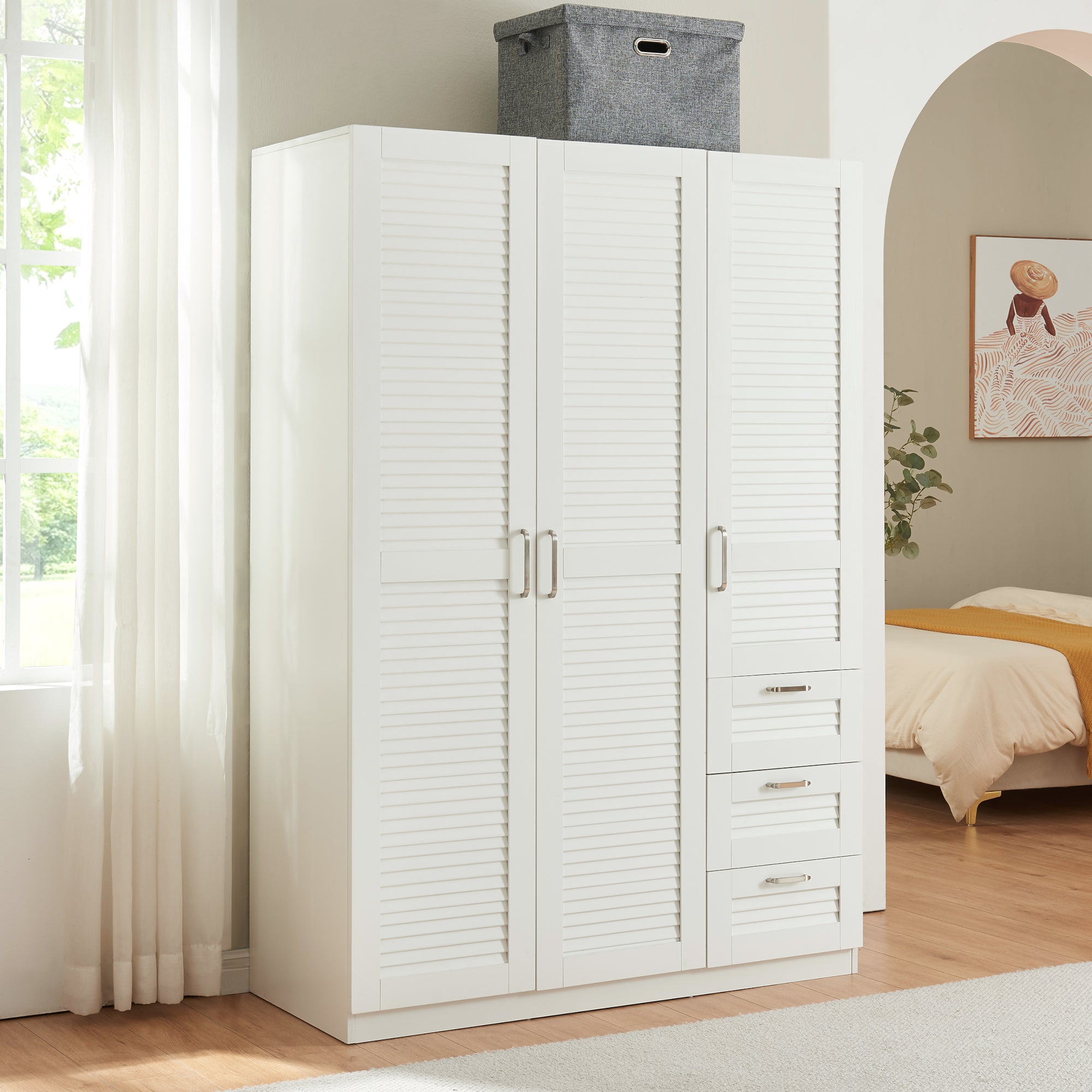 Armadio Guardaroba Finning con Ante a Persiana e Cassettiera 176 x 120 x 52 cm Bianco [en.casa]