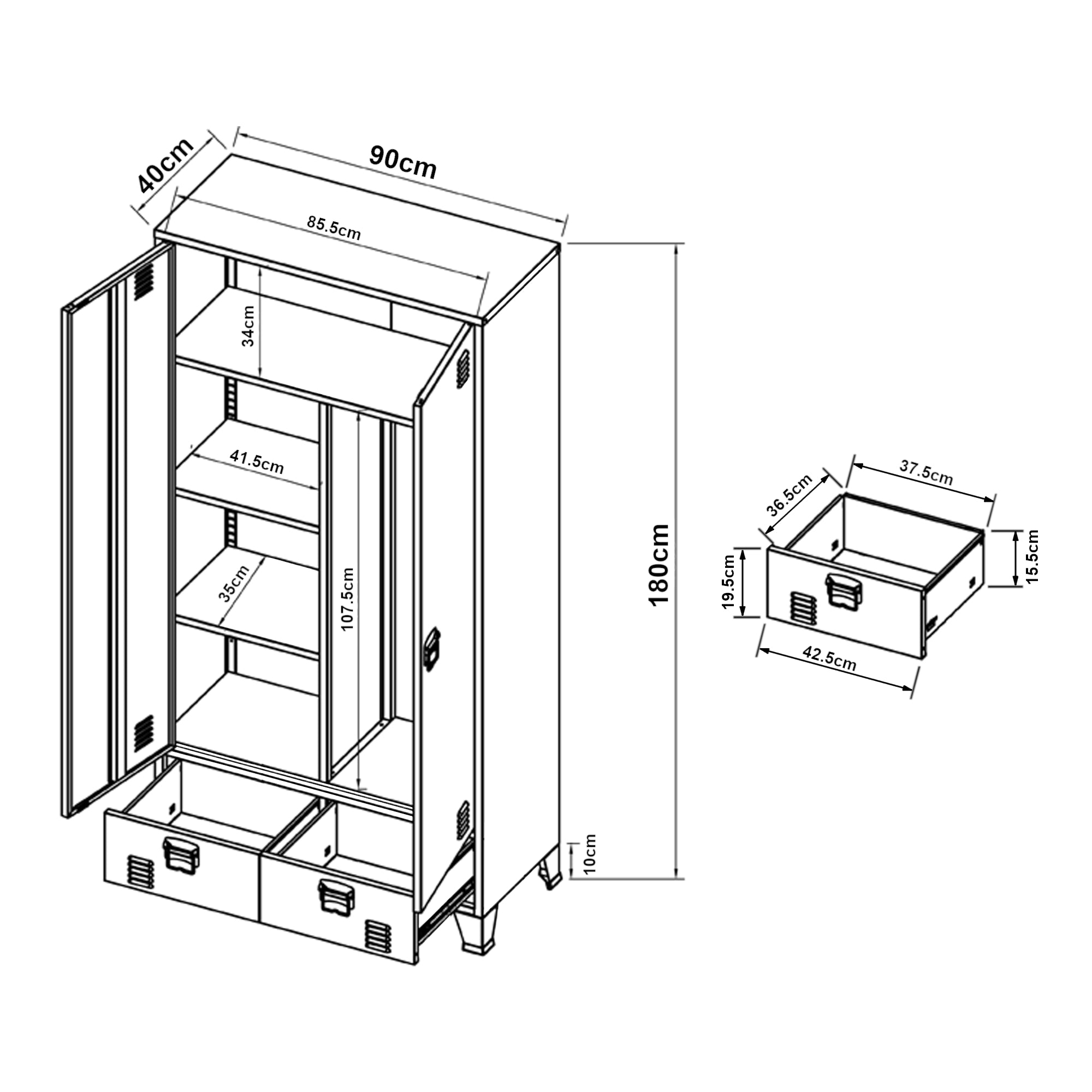 Armadio Hankasalmi per Guardaroba con Cassetti 180 x 90 x 40 cm Acciaio Bianco [en.casa]