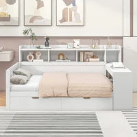 Divano letto multifunzionale 90x200 cm, con mensola per comodino, 2 cassetti e scrivania integrata, senza materasso, Bianco