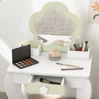 Set Toeletta per Bambina con Specchio Trucco e Sgabello Abbinato in Legno, Cassetto e Contenitori, Bianco
