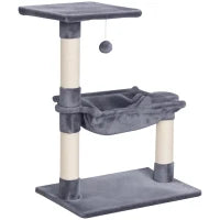 Tiragraffi per Gatti Multilivello con Amaca e Pallina, Legno e Peluche, 50x36x70cm, Grigio
