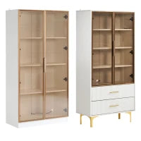 Set di Vetrine Moderne con Illuminazione LED e Ripiani Regolabili, adatte per soggiorno, ufficio, in Vetro, 80x40x160 cm + 70x35x150 cm, Bianco