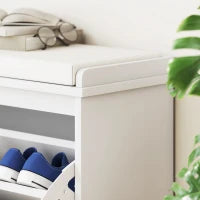 Panca Scarpiera con Ripiano Interno, in Legno e Tessuto Effetto Lino, 80x26x47.5 cm, Bianca e Beige