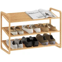 Scaffale Scarpiera a 3 Livelli per 12 Scarpe con Ripiani a Doghe in Bambù, 76x33x50.8 cm, Colore Legno