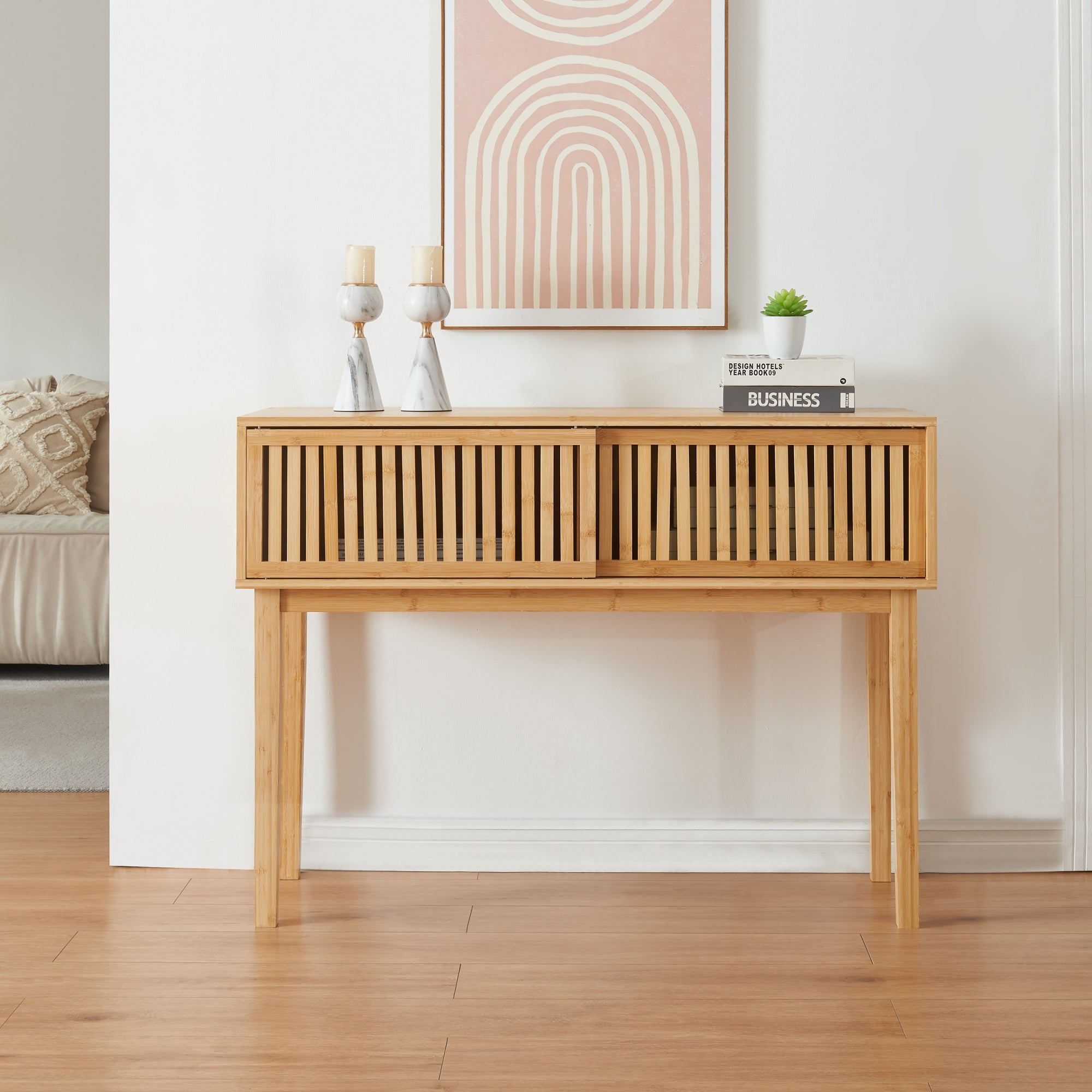 Tavolo Consolle Ypäjä in Bambù con Ante Scorrevoli 110 x 39 x 80,5 cm - [en.casa]