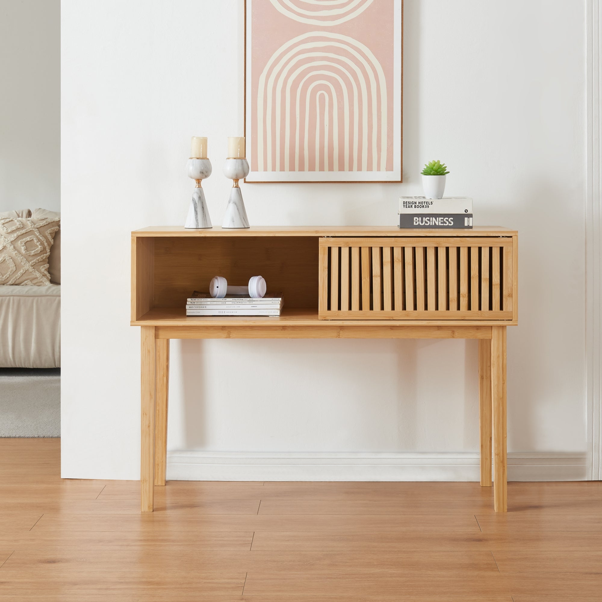 Tavolo Consolle Ypäjä in Bambù con Ante Scorrevoli 110 x 39 x 80,5 cm - [en.casa]