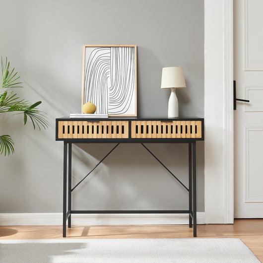 Tavolo a Consolle Luniehti con 2 Cassetti in Bambù - Nero/Naturale [en.casa]