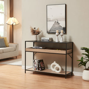 Tavolo a Consolle Belana con Ripiano e Scomparti Aperti 110 x 40 x 80 cm - Nero / Effetto Rovere [en.casa]