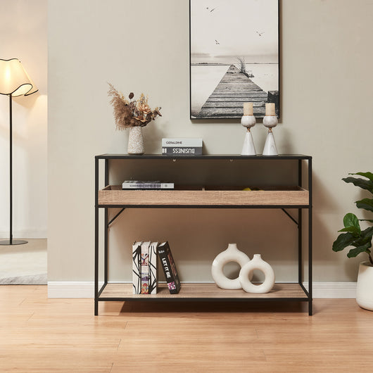 Tavolo a Consolle Belana con Ripiano e Scomparti Aperti 110 x 40 x 80 cm - Nero / Effetto Rovere [en.casa]