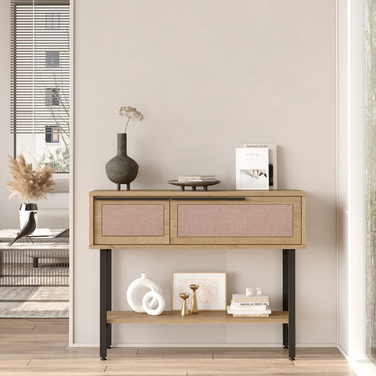 Tavolo Consolle Kvænangen con Scomparti Chiusi e Ripiano 100x30x76 cm Effetto Rovere / Rattan [en.casa]