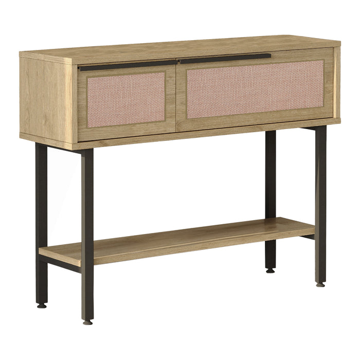 Tavolo Consolle Kvænangen con Scomparti Chiusi e Ripiano 100x30x76 cm Effetto Rovere / Rattan [en.casa]