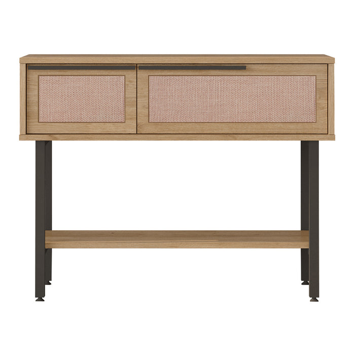 Tavolo Consolle Kvænangen con Scomparti Chiusi e Ripiano 100x30x76 cm Effetto Rovere / Rattan [en.casa]