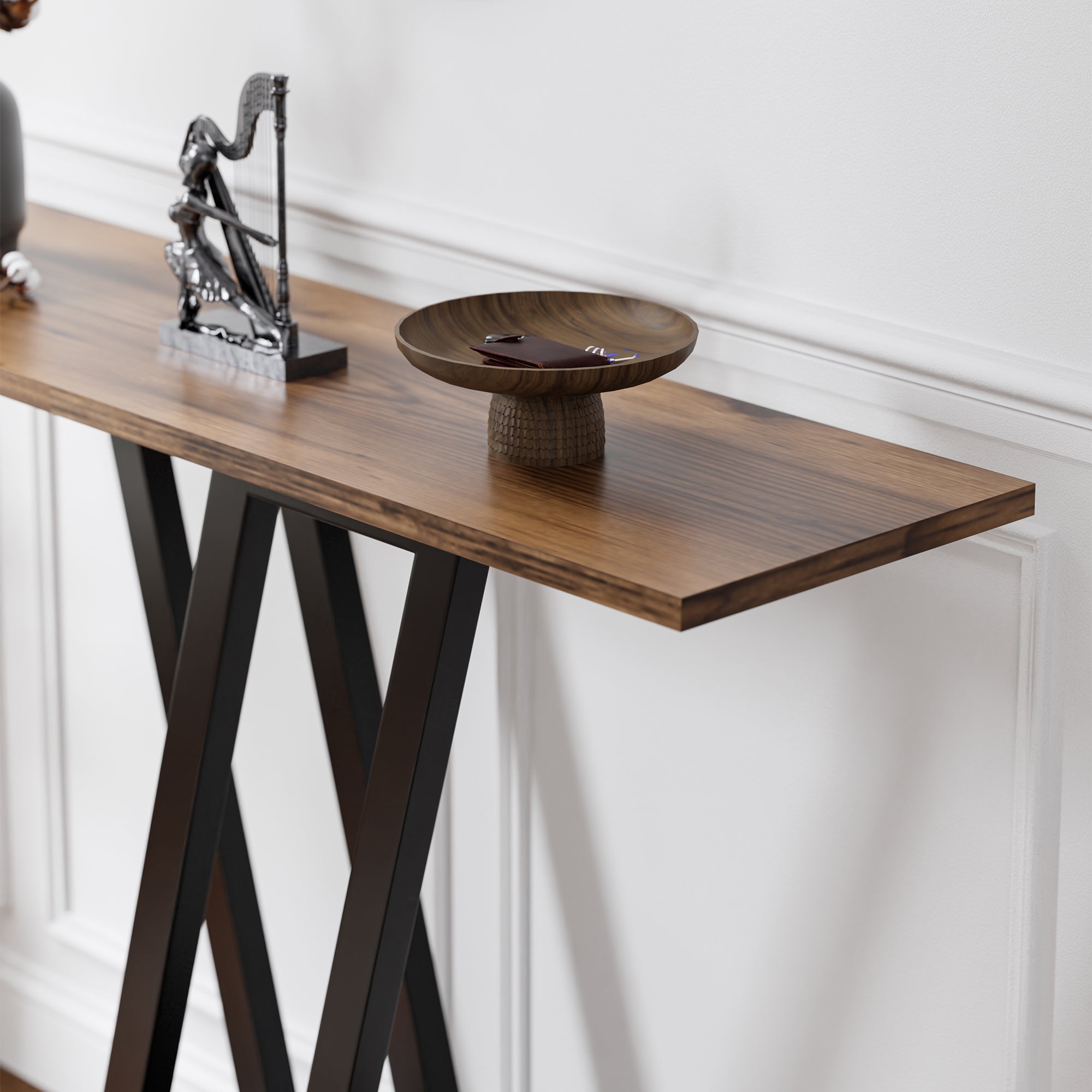 Tavolo a Consolle Seinshung con Telaio in Acciaio 110 x 30 x 80 cm - Nero / Effetto Noce [en.casa]