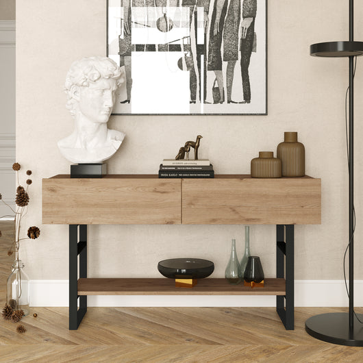 Tavolo Consolle Lappeenranta Mobile Contenitore con Ante a Ribalta 76x139x43 cm Effetto Rovere / Nero [en.casa]