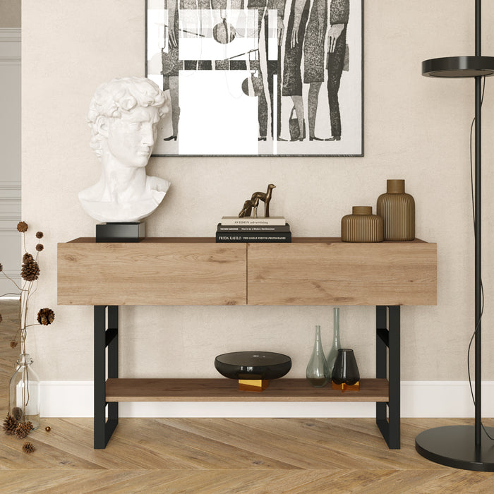 Tavolo Consolle Lappeenranta Mobile Contenitore con Ante a Ribalta 76x139x43 cm Effetto Rovere / Nero [en.casa]