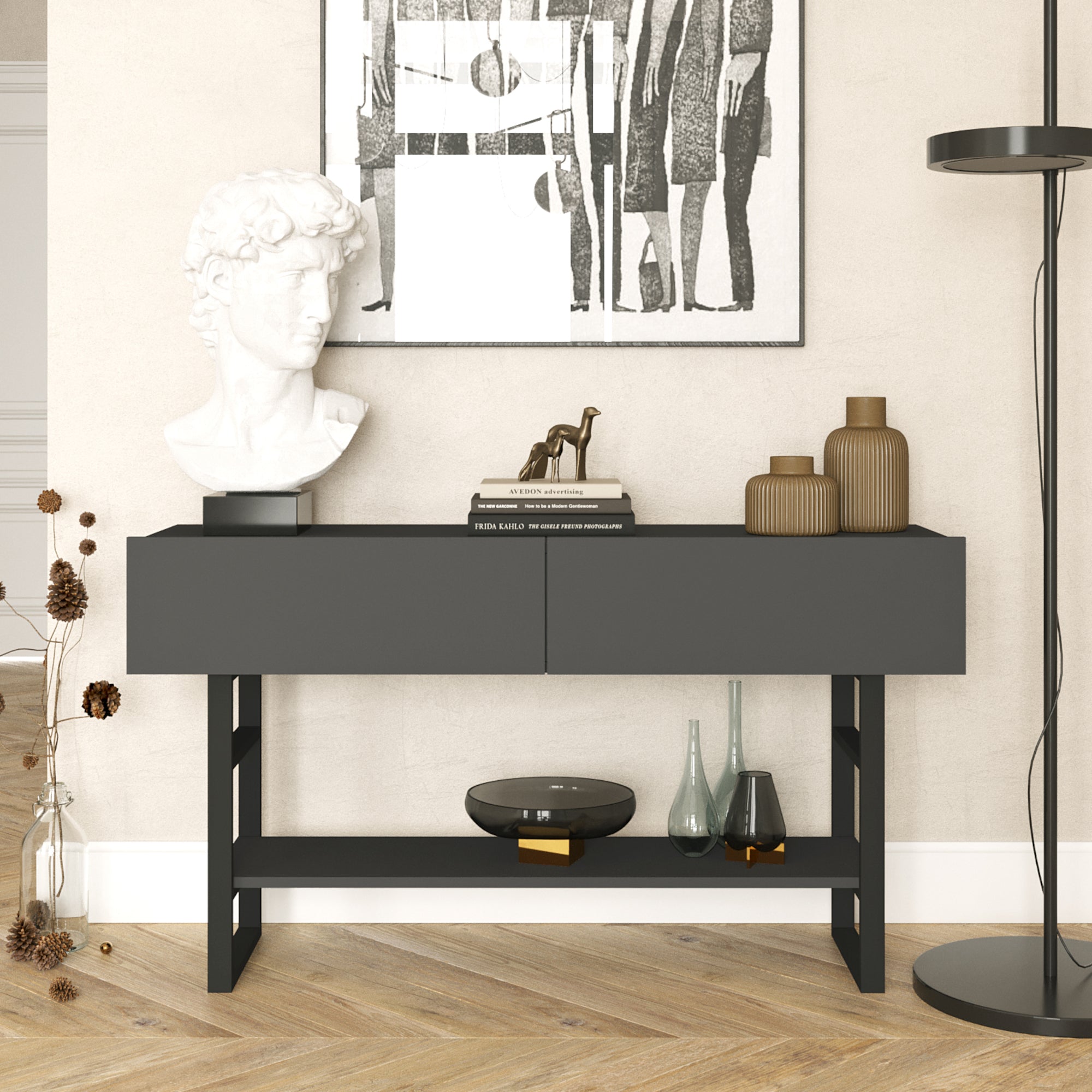 Tavolo Consolle Lappeenranta Mobile Contenitore con Ante a Ribalta 76x139x43 cm Antracite / Nero [en.casa]
