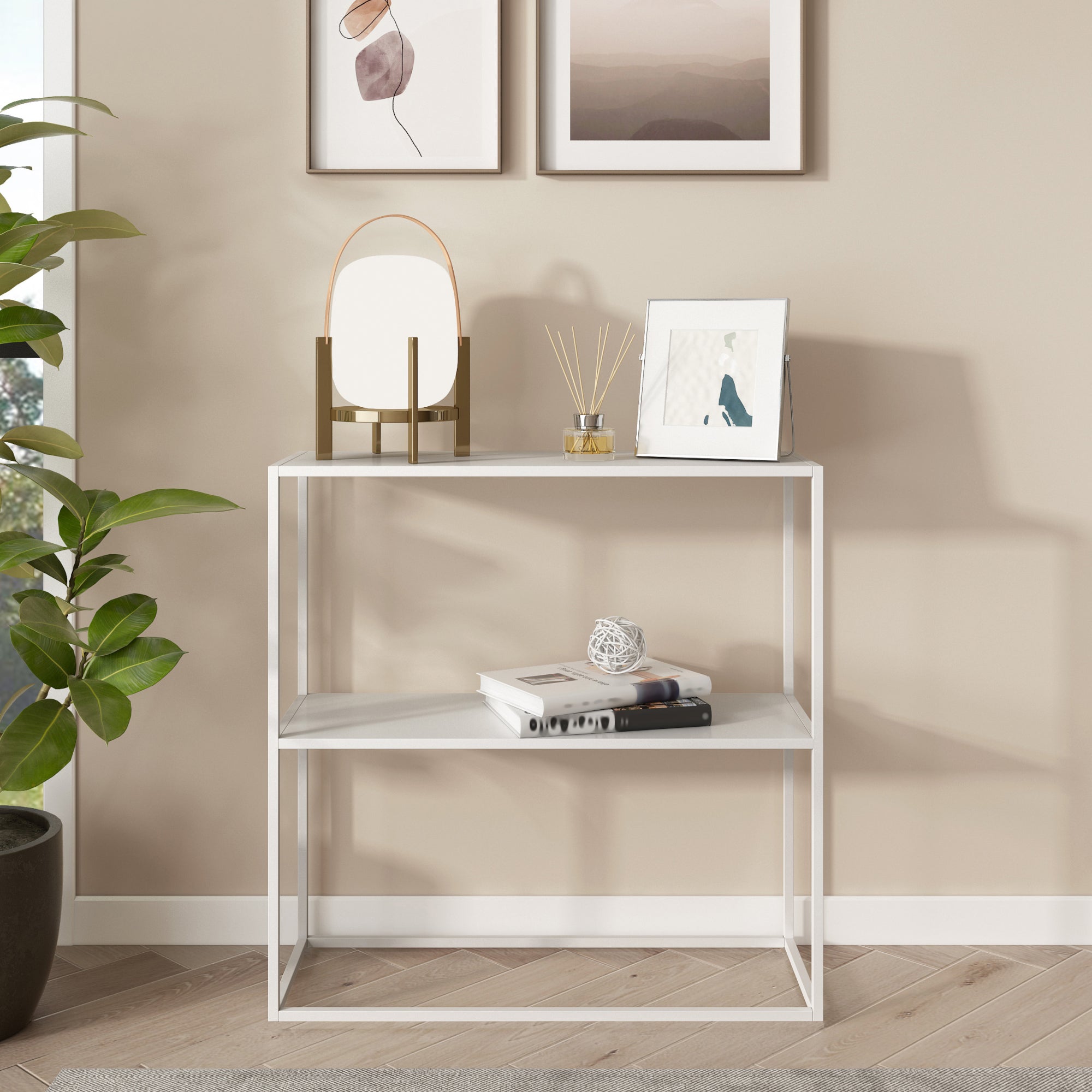 Tavolo a Consolle 'Strömstad' con 2 Piani di Appoggio Consolle Stretto in Acciaio - Bianco opaco [en.casa]