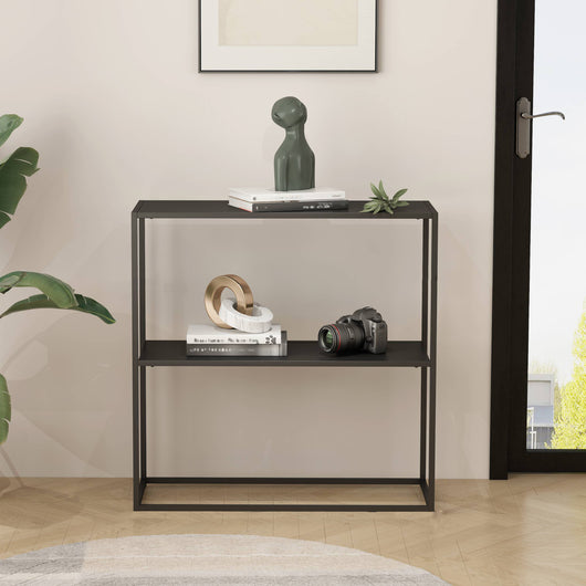 Tavolo a Consolle 'Strömstad' con 2 Piani di Appoggio Consolle Stretto in Acciaio - Nero opaco [en.casa]