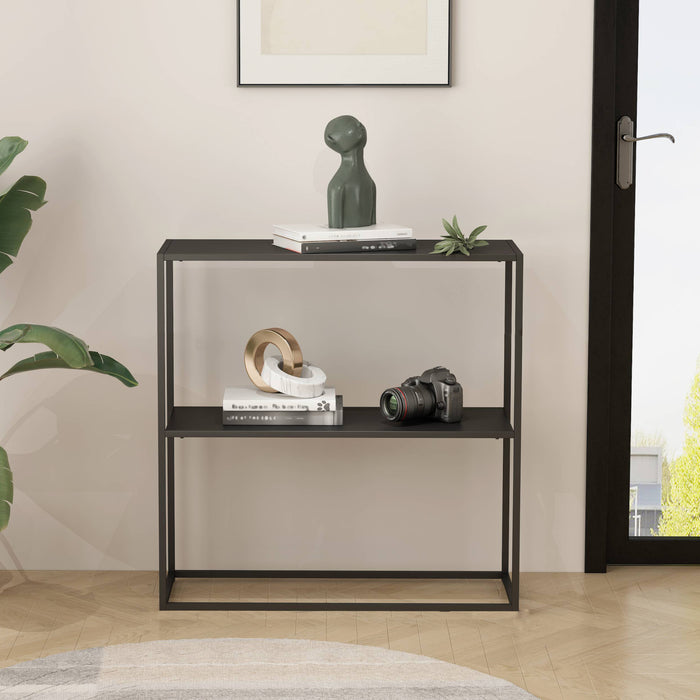 Tavolo a Consolle 'Strömstad' con 2 Piani di Appoggio Consolle Stretto in Acciaio - Nero opaco [en.casa]