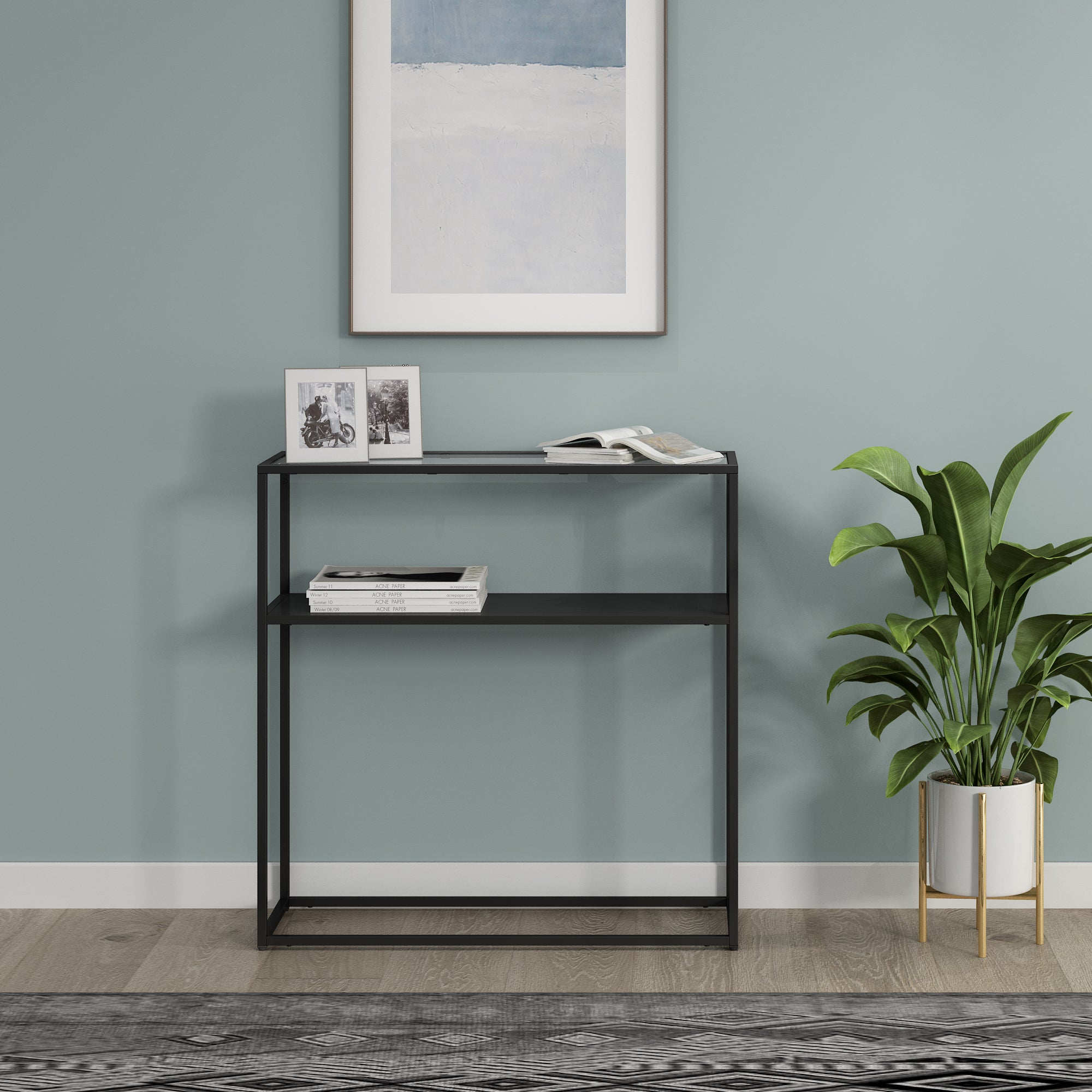 Tavolo a Consolle Kuhmo in Metallo 80 x 80 x 30 cm 2 Piani di Appoggio Vetro / Nero [en.casa]