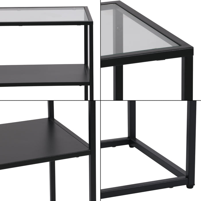 Tavolo a Consolle Kuhmo in Metallo 80 x 80 x 30 cm 2 Piani di Appoggio Vetro / Nero [en.casa]